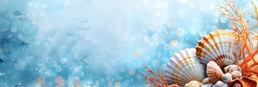 watercolor painting of a sea shell and corals on a blue background with bubbles of water