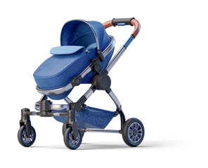 Blue leather closed jogging baby stroller on transparent background. 3D render front right view