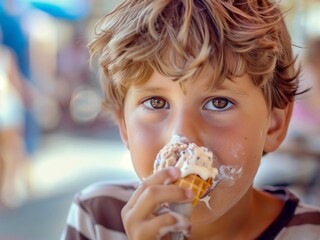 a cute boy eating cold ice cream, food, lifestyle,  summer, happiness, refreshing, tasty , kid, innocence