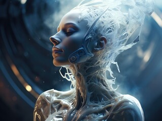 Futuristic cyborg woman with ethereal features