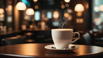 Obraz premium a cup of hot coffee on the table in a classic cafe 