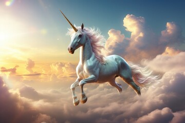 Obraz na płótnie Canvas Majestic unicorn soaring through clouds at sunset