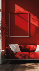 A burst of fiery red adds vibrancy to a contemporary living space, with a sleek sofa and an empty white frame providing a canvas for individual expression.