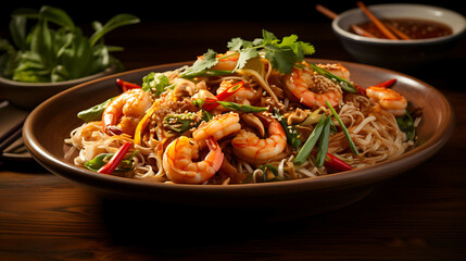 A flavorful and spicy bowl of Thai noodles with shrimp and peanuts. - Powered by Adobe