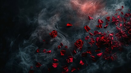   A red rose floats in the midst of smoky haze against a black backdrop The rose is distinctly outlined within the densely swirling fog