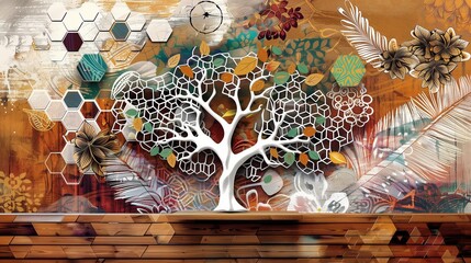 Colorful 3D mural with a whimsical tree on oak, white lattice, and vibrant hexagonal patterns.