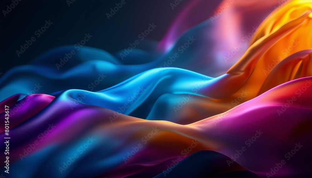 Wall mural Elegant flowing silk fabric with vibrant multi-colored waves on a dark background.