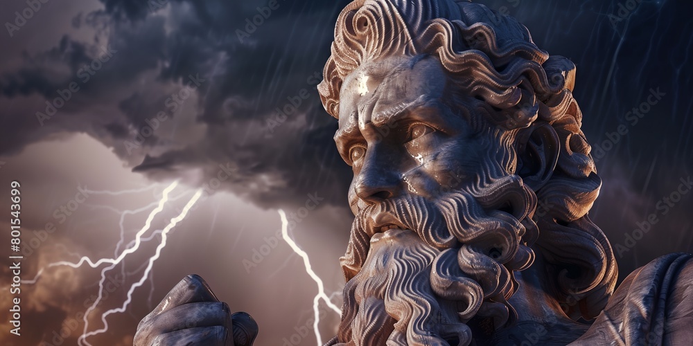 Poster a statue of a man with a beard in front of a storm with lightning behind him
