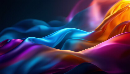 Elegant flowing silk fabric with vibrant multi-colored waves on a dark background.