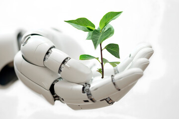 On a white background, a robot's hand holds a tiny plant with care, symbolizing intricate interplay between technology and nature and AI's instrumental role in fostering environmental sustainability
