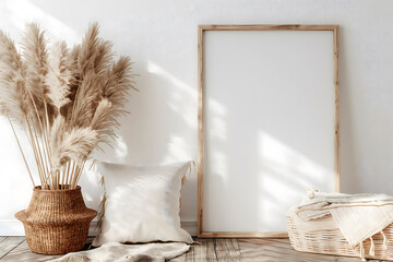 vertical frame mockup adorns the wooden floor in the living room, surrounded by dried pampas grass, a basket, a blanket, and a pillow with tassels against the white wall