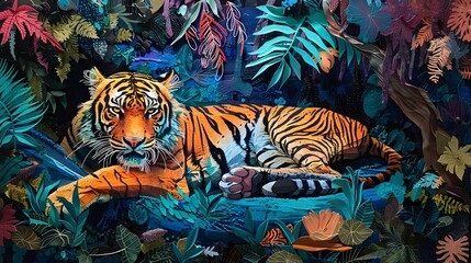 Regal Feline Ruler Presides Over Vibrant Extraterrestrial Jungle Landscape in Textured Mixed Media Artwork