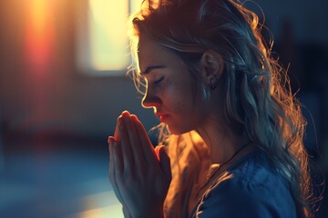 a woman is praying in a room with sunlight coming through the window and her hands are folded in prayer...