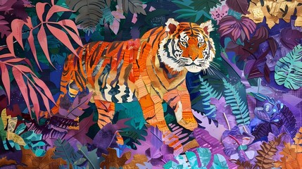 Regal Tiger Ruling Its Vibrant Extraterrestrial Jungle Landscape with Detailed Textured Foliage and Compositions