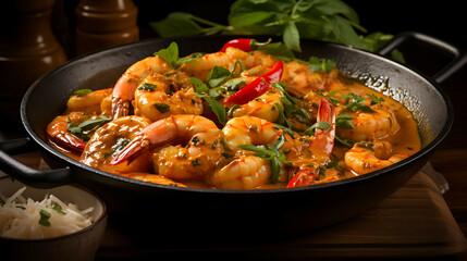 A flavorful and spicy plate of Thai red curry with shrimp and bell peppers.