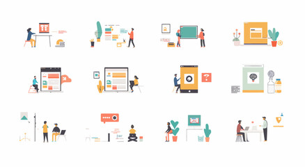 a series of flat icons depicting people working in different areas of the office
