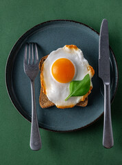 Toast with a fried egg on a plate and on a green background. Top view close up.