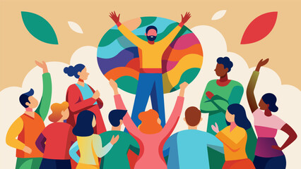 A large crowd cheers as a vibrant multicolored sculpture is revealed featuring figures of diverse backgrounds holding hands in a circle symbolizing. Vector illustration