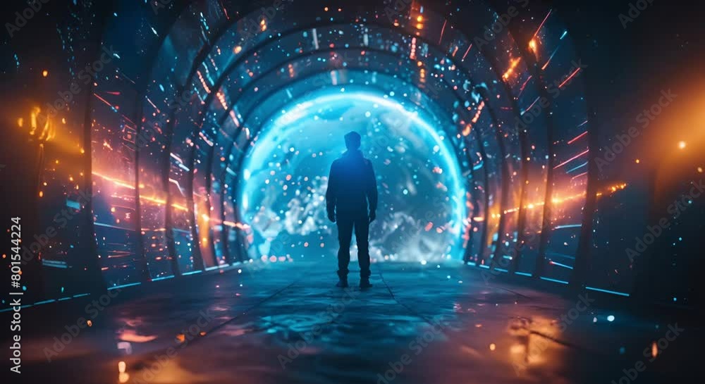 Poster tech analyst uses data to define marketing strategy for futuristic technology business. concept tech