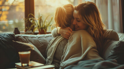 Obraz premium Two people embracing, one whispering thanks, warm, close-up, soft expressions. Cozy room, gentle sunlight, books and a coffee table, afternoon.