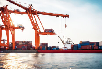 Fototapeta premium 'ship freight containers loading crane shore shipping siam delivery warehouse truck town pier business export port lift dusk bangkok technology dock transport cargo shipyard industrial'