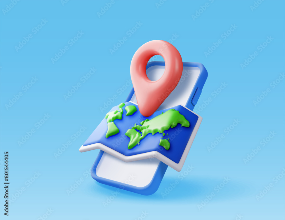 Poster 3d location world map and pin in smartphone isolated. render gps pointer marker icon. gps and naviga