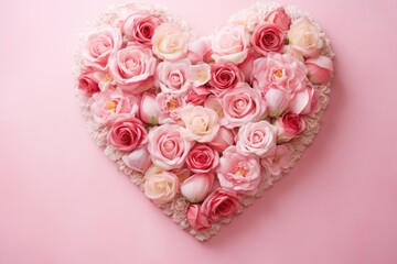 Heart-shaped bouquet of pink roses and flowers
