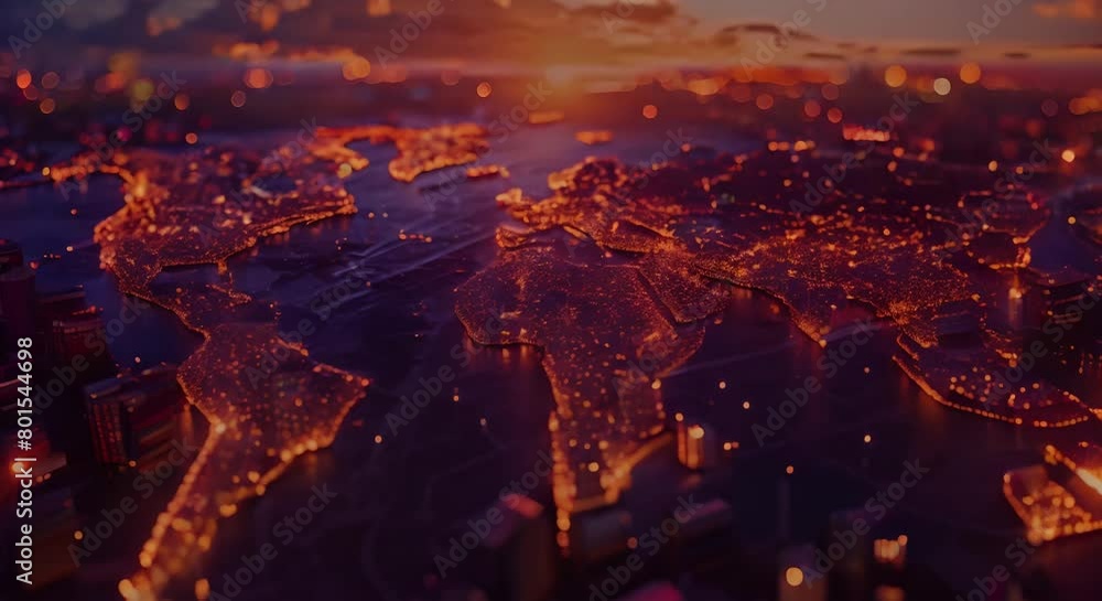 Poster commercial port with shipping containers on illuminated map showing global trade routes. concept com