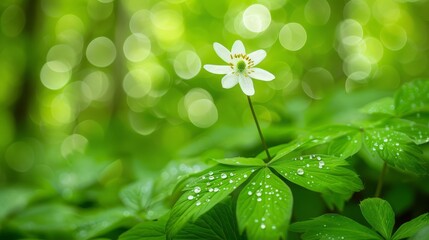   A tiny white bloom atop a verdant, leaf-dense forest, dotted with numerous raindrops