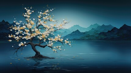 Serene landscape with blooming cherry tree