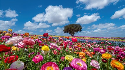  a field of colorful flowers, primarily red, yellow, and pink, with a tree in the background and blue sky with white clouds above.