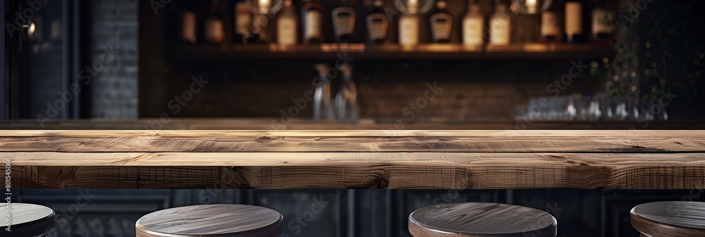 Poster wooden table with three stools and a bar in the background with bottles on the wall behind it