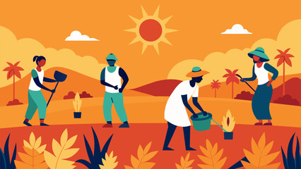 A group of individuals working in a field under the hot sun symbolizing the harsh conditions they were forced to endure.. Vector illustration - obrazy, fototapety, plakaty