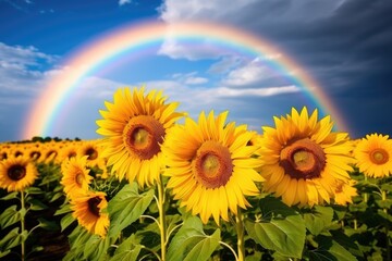 Obraz premium Vibrant sunflower field under a rainbow sky