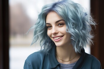 Fototapeta premium Smiling woman with vibrant blue hair