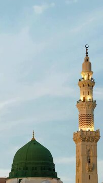 Mosque of the Prophet or Masjid Nabawi Moving Clouds Time Lapse. Medina, Saudi Arabia. Islamic Holy Site | Vertical 4k video
