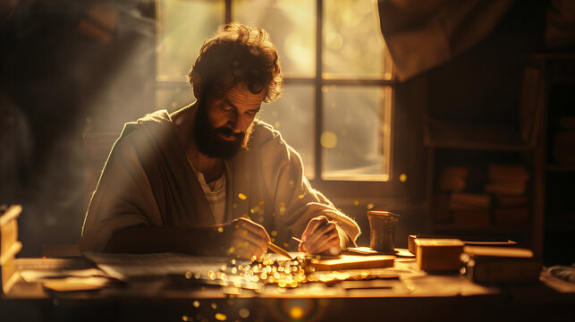 Matthew at a table, surrounded by tax collector&rsquo;s tools, symbolizing his transition from tax collector to disciple, apostles of Jesus Christ, natural light, soft shadows, blurred b