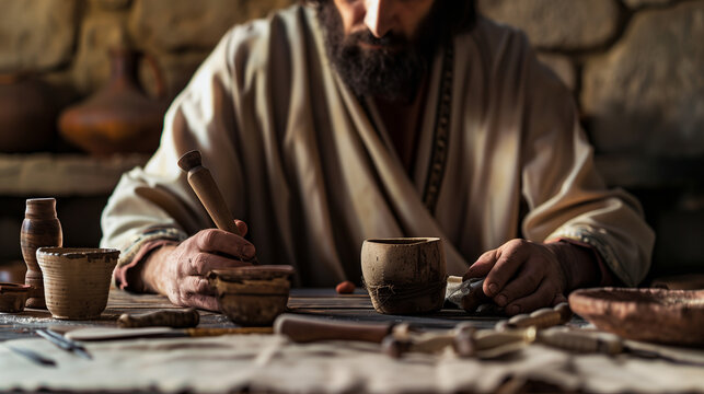 Matthew at a table, surrounded by tax collector&rsquo;s tools, symbolizing his transition from tax collector to disciple, apostles of Jesus Christ, natural light, soft shadows, blurred b