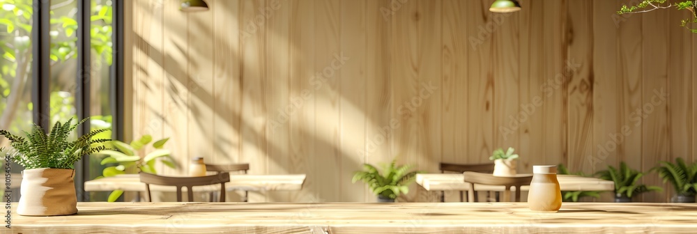 Poster a table with a vase of plants on it in a restaurant setting with a wooden wall and windows in the ba