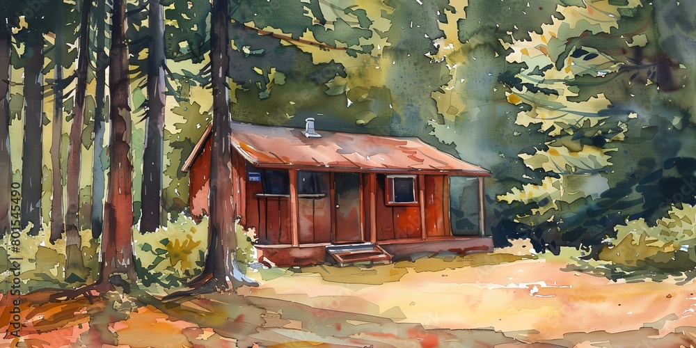 Poster a painting of a cabin in the woods with trees around it and a bench in front