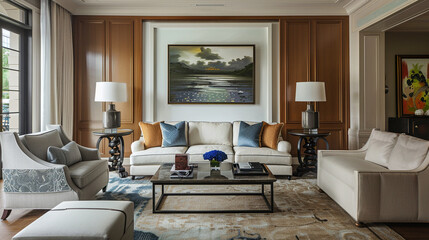 A blank canvas awaits within a stylishly appointed living room, inviting personal expression and creativity.