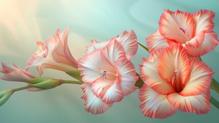   A tight shot of three pink blossoms against a backdrop of green and blue, with indistinct backgrounds behind the flowers