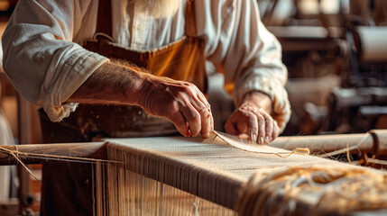 James the Less at a loom, weaving, representing his message and work within the early Christian community, apostles of Jesus Christ, natural light, soft shadows, blurred background