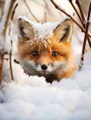 Curious fox peeking through snow-covered branches