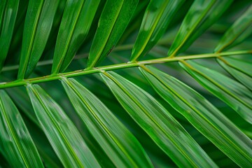 Green palm leaf macro, textured tropical leaves background.