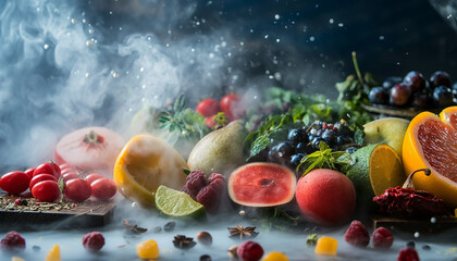 Artistic Display of Exotic Fruits and Vegetables with Smoke Effect