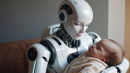 A robot nanny, an android with artificial intelligence, carefully holds a baby in her arms, the concept of social issues related to AI.
