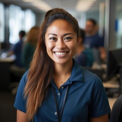 Obraz premium Smiling young woman in blue shirt