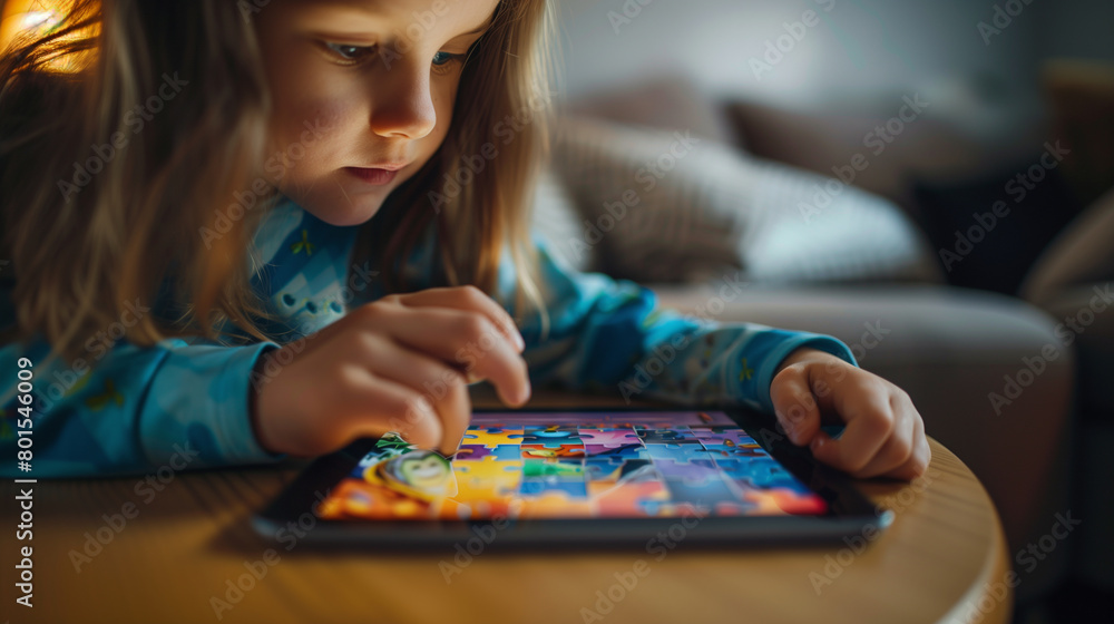 Poster a young student concentrating on solving a puzzle game on a tablet, with colorful graphics visible o