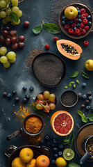 Obraz na płótnie Canvas Assorted Fresh Fruits and Berries on a Dark Background